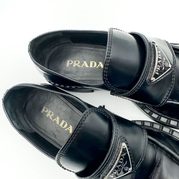 PRADA Black Lug Sole Loafer Size 37.5 Platform Monolith Leather Chunky Heel Logo - Picture 10 of 12